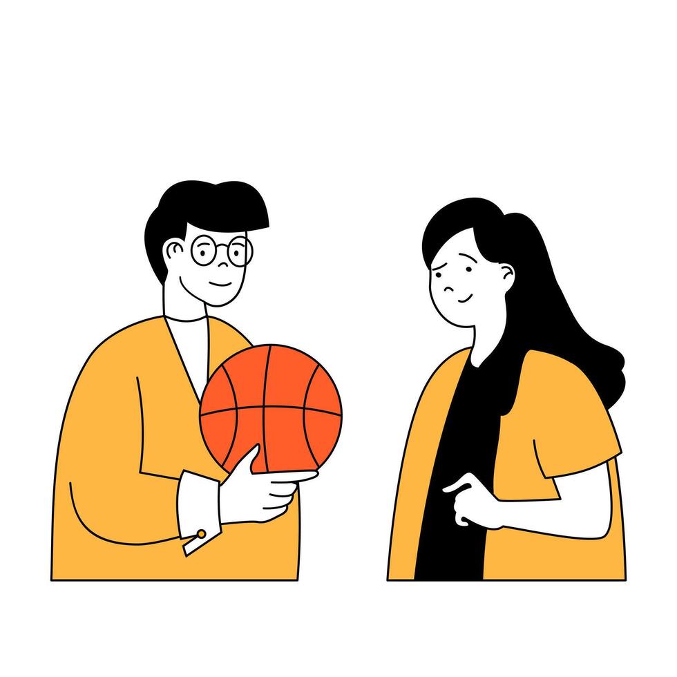 aptitud concepto con dibujos animados personas en plano diseño para web. mujer y hombre jugando baloncesto y formación en equipo para competencia. vector ilustración para social medios de comunicación bandera, márketing material.