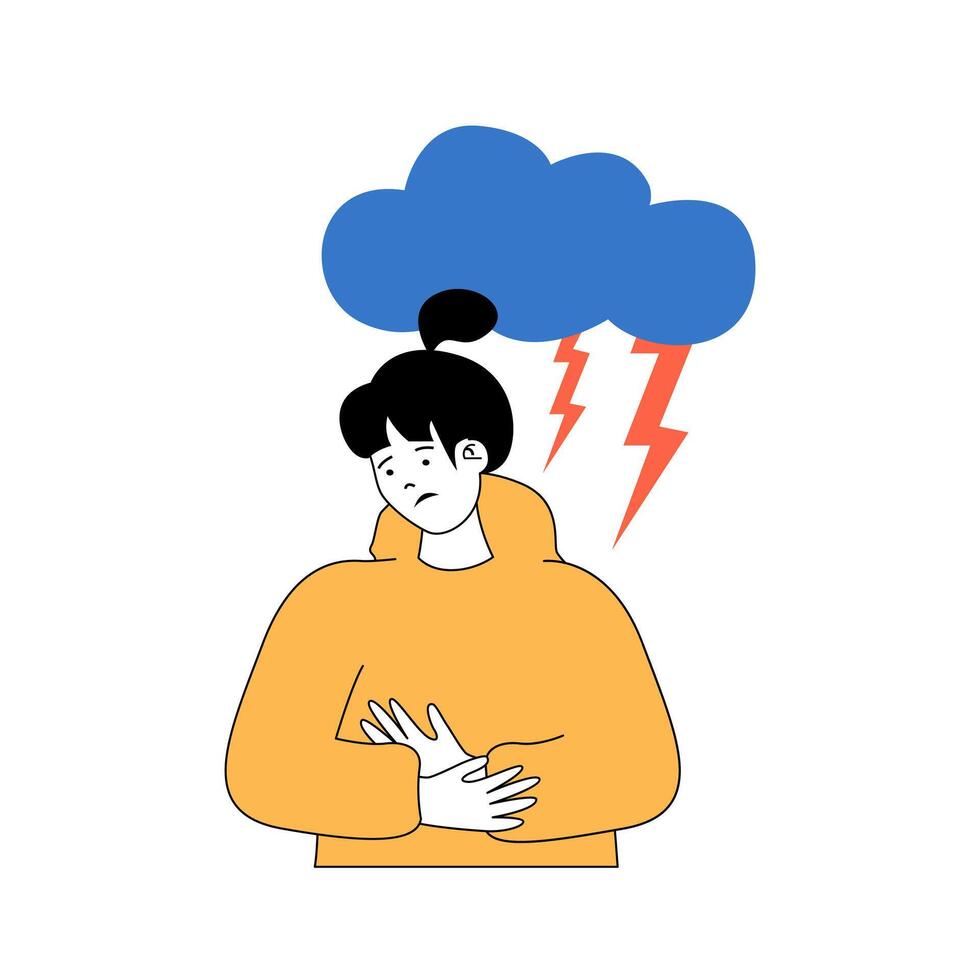 Mental health concept with cartoon people in flat design for web. Woman feeling negative emotions, suffering depression and lonely. Vector illustration for social media banner, marketing material.