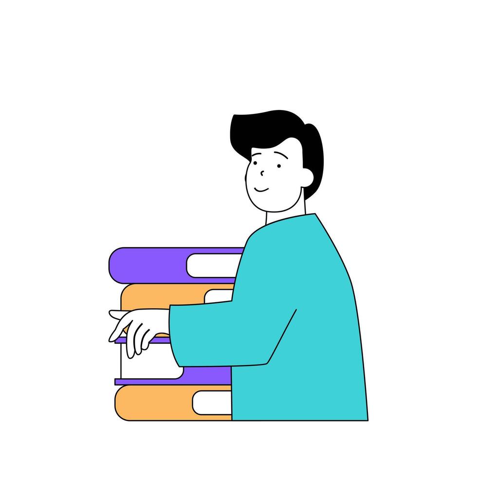 Education concept with cartoon people in flat design for web. Student reading textbooks in library and making homework with books. Vector illustration for social media banner, marketing material.