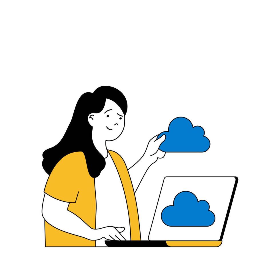 Cloud computing concept with cartoon people in flat design for web. Woman making data backup and sharing access to files with clients. Vector illustration for social media banner, marketing material.
