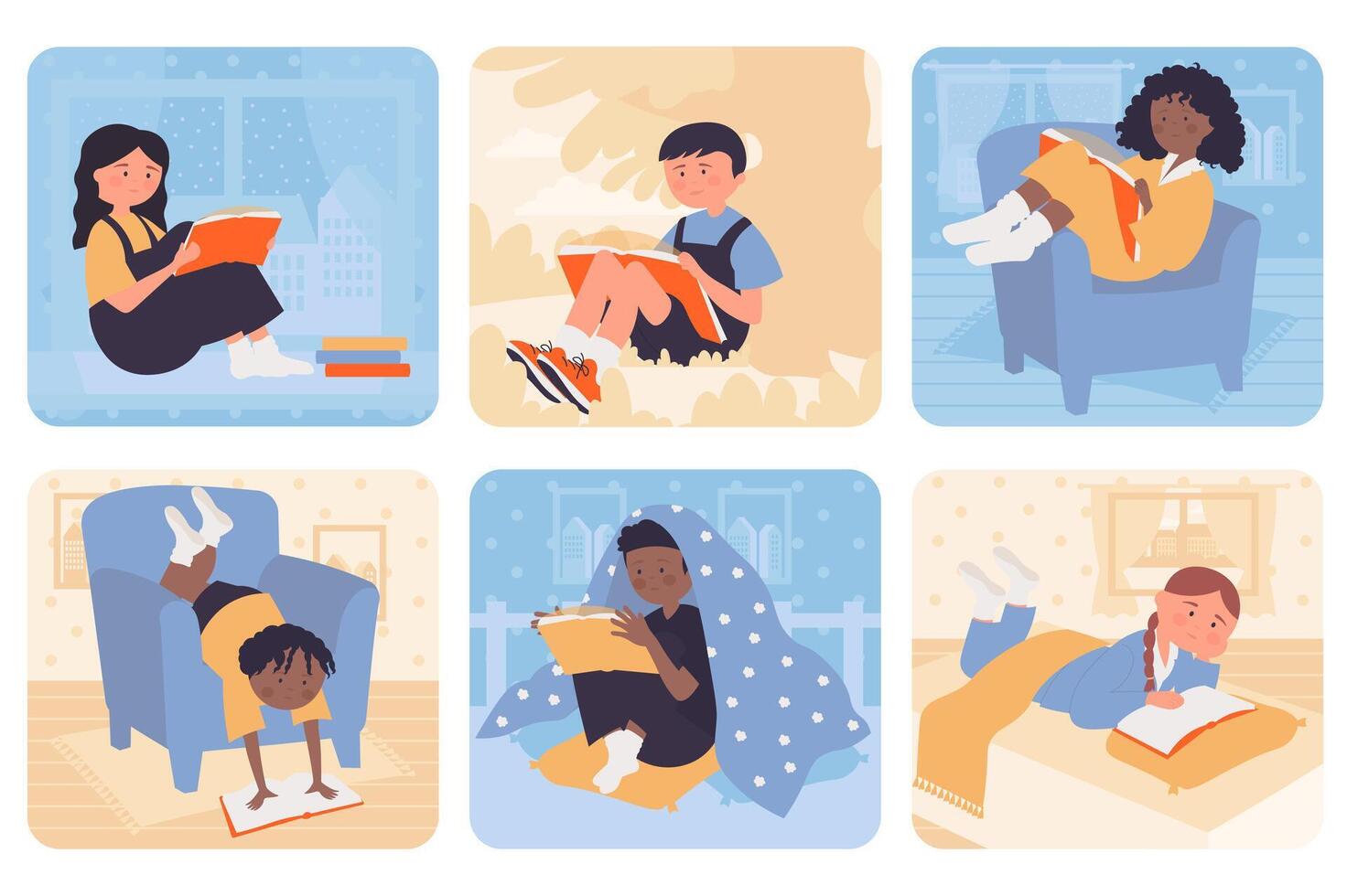 Children reading books concept with people situation set in flat web design. Bundle scenes with multiethnic diverse characters spend time with literature, pupils read textbook. Vector illustrations.