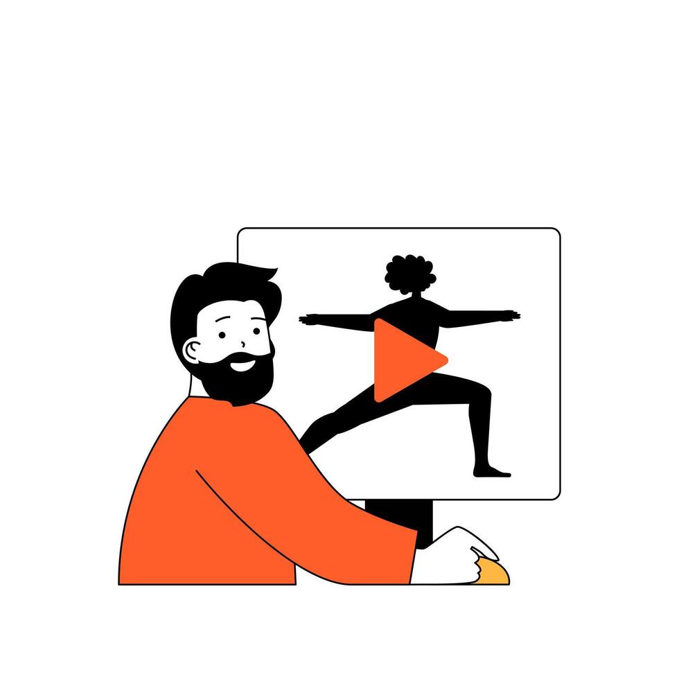 Fitness concept with cartoon people in flat design for web. Man watching video sport lessons with trainer and doing exercises at home. Vector illustration for social media banner, marketing material.
