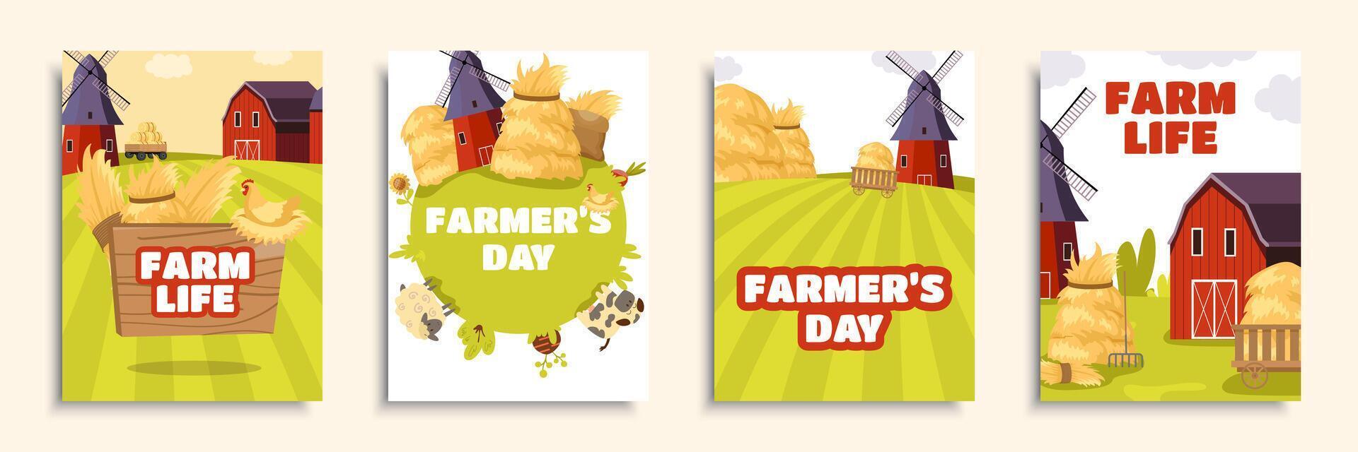 Farm life cover brochure set in flat design. Poster templates with mills, barns for hay, straw haystacks, plantation fields, poultry and livestock farming, gardening business. Vector illustration