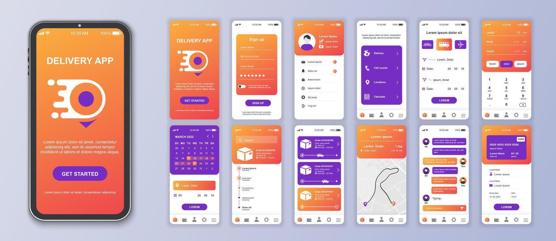 Delivery mobile app interface screens template set. Online account, courier shipping, parcel calculate, tracking order map, payment. Pack of UI, UX, GUI kit for application web layout. Vector design.
