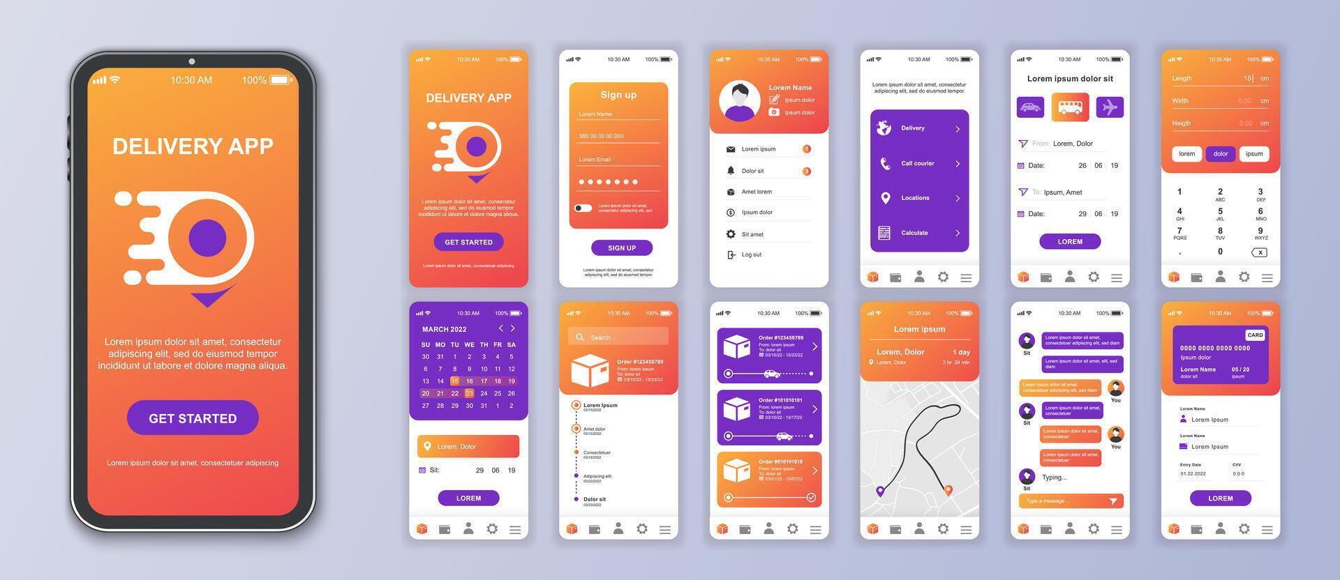 entrega móvil aplicación interfaz pantallas modelo colocar. en línea cuenta, mensajero envío, paquete o empaquetar calcular, rastreo orden mapa, pago. paquete de ui, ux, gui equipo para solicitud web disposición. vector diseño.