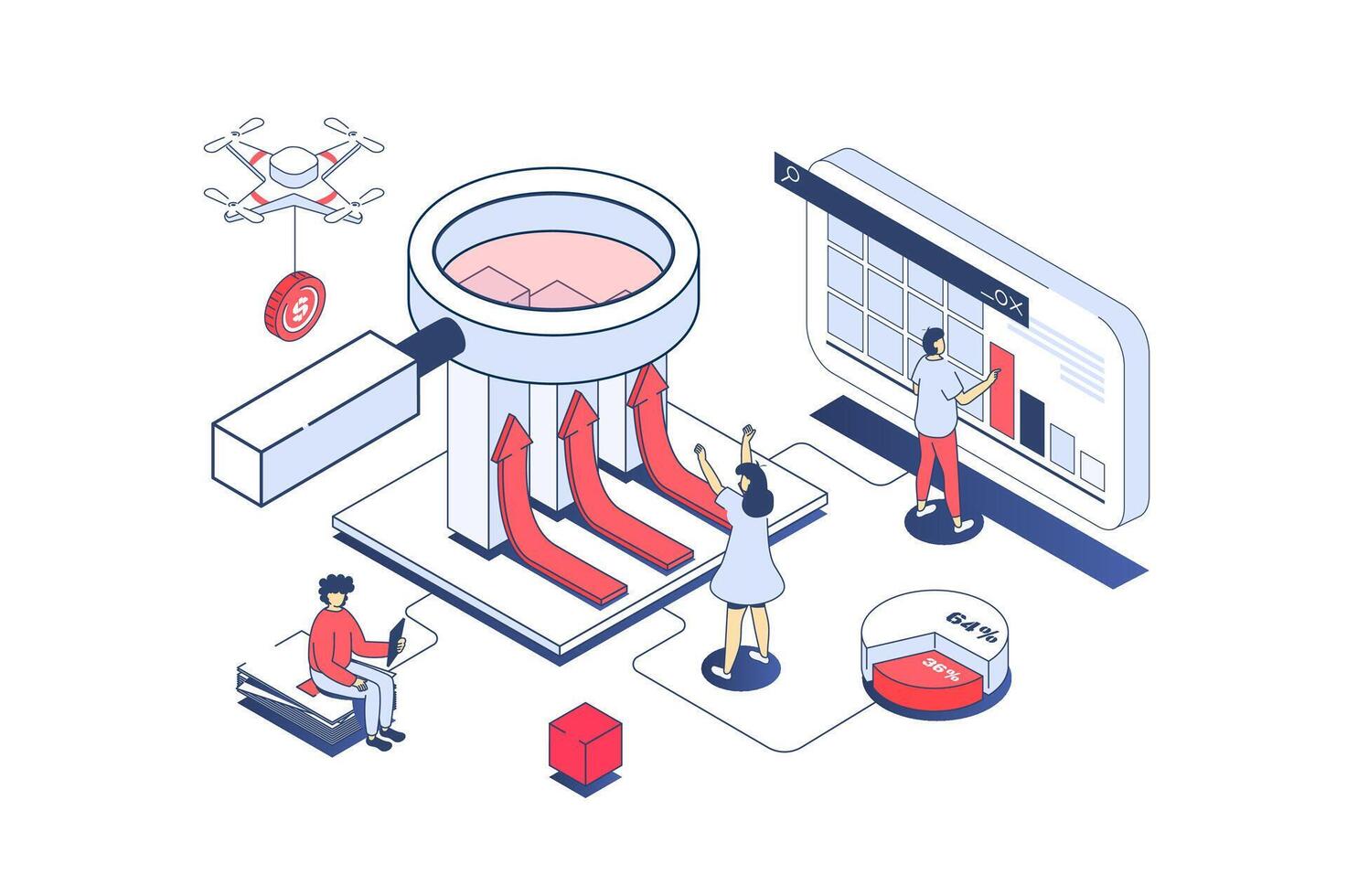 Data analysis concept in 3d isometric design. Analyst team working with graphs and charts, creating business reports, research analytics. Vector illustration with isometry people scene for web graphic