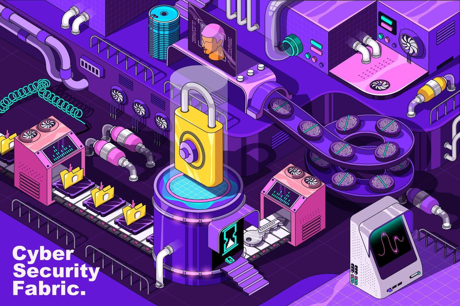 Cyber security web concept in 3d isometric design. Personal data protection system with fingerprint scan. Abstract fabric production line in isometry graphic for corporate poster. Vector illustration.