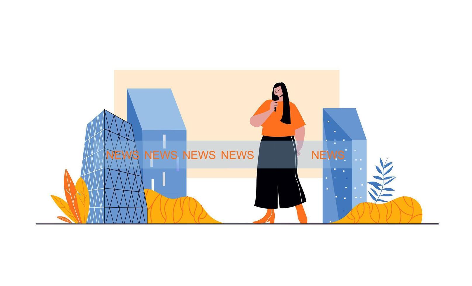 Journalism web concept with people in flat cartoon design. Woman journalist with microphone working in television with breaking news. Vector illustration for social media banner, marketing material.