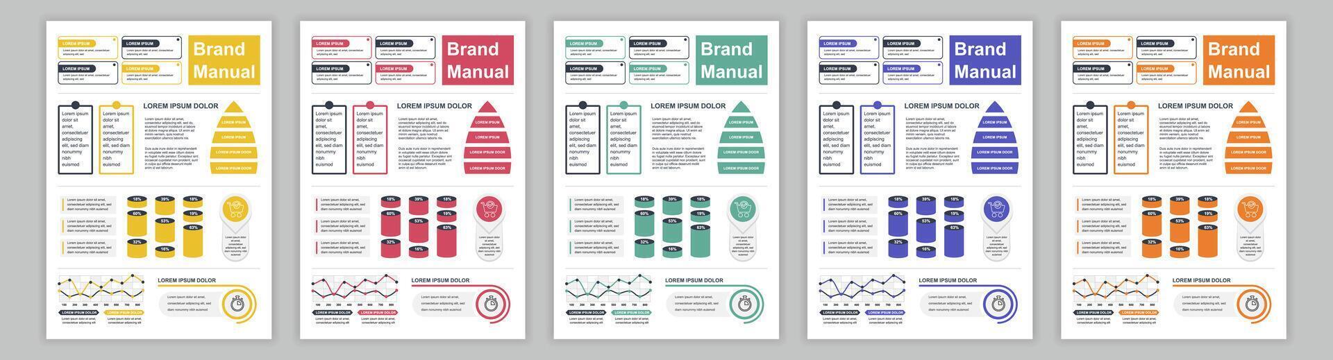 DIN A3 business brand manual templates set. Company identity brochure page with infographic financial data. Marketing research, and commercial offer. Vector layout design for poster, cover, brochure