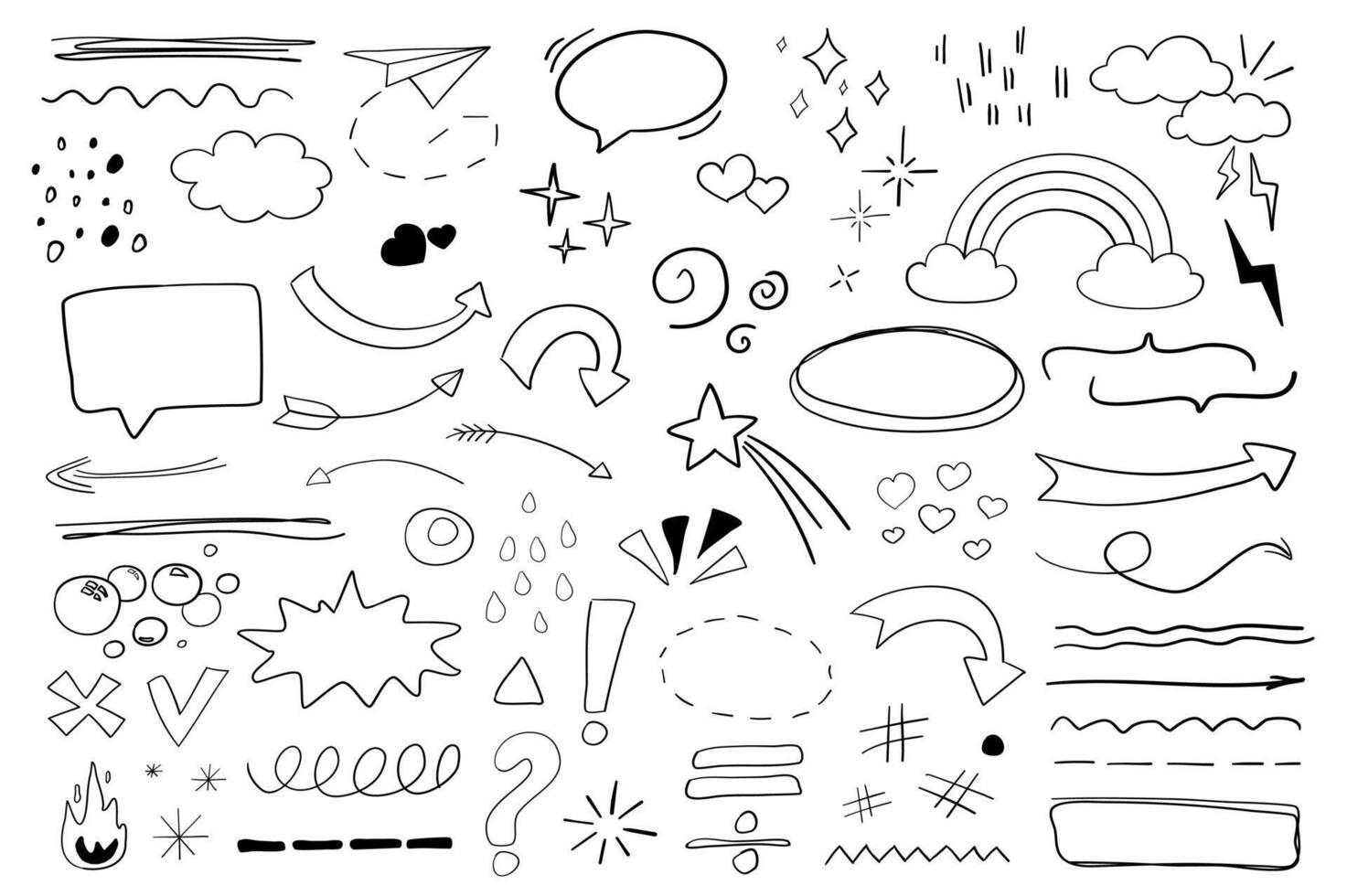 Doodle objects mega set in flat cartoon design. Bundle of ink lines, paper airplane, speech bubble, sparkle, clouds, rainbow, heart, star, curl and other. Vector illustration isolated graphic symbols