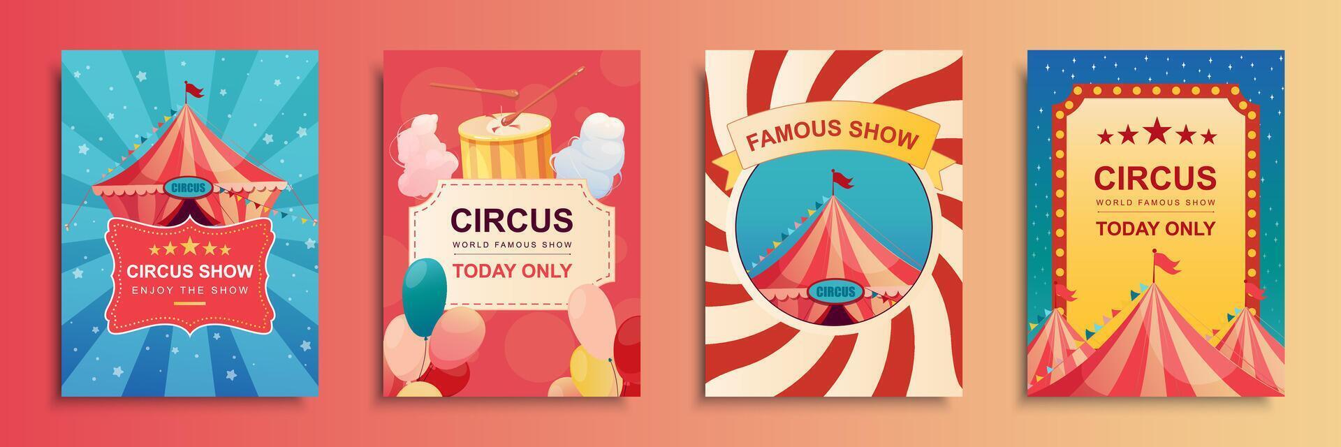 Circus show cover brochure set in flat design. Poster templates with striped tent for acrobat, clown or magician art performances, balloons, cotton candy, carnival tickets. Vector illustration.