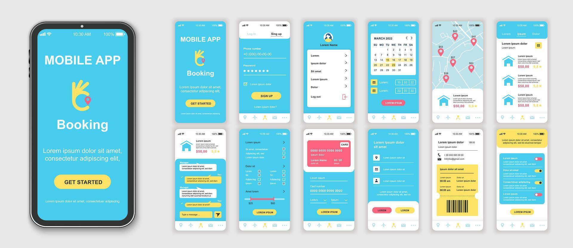 Booking mobile app interface screens template set. Account login, calendar, map locations, searching hotel room, flight ticket order. Pack of UI, UX, GUI kit for application web layout. Vector design.