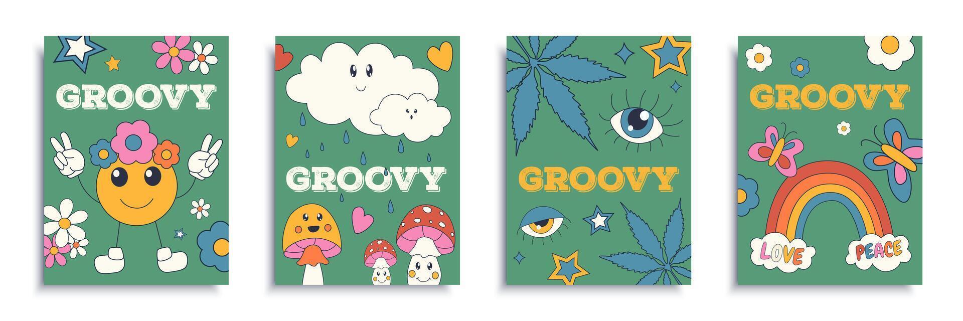 Groovy cover brochure set in flat design. Poster templates with romantic retro style hippie 60s 70s with cute mascots, daisy, hearts, stars, clouds, mushrooms, eyes and other. Vector illustration.