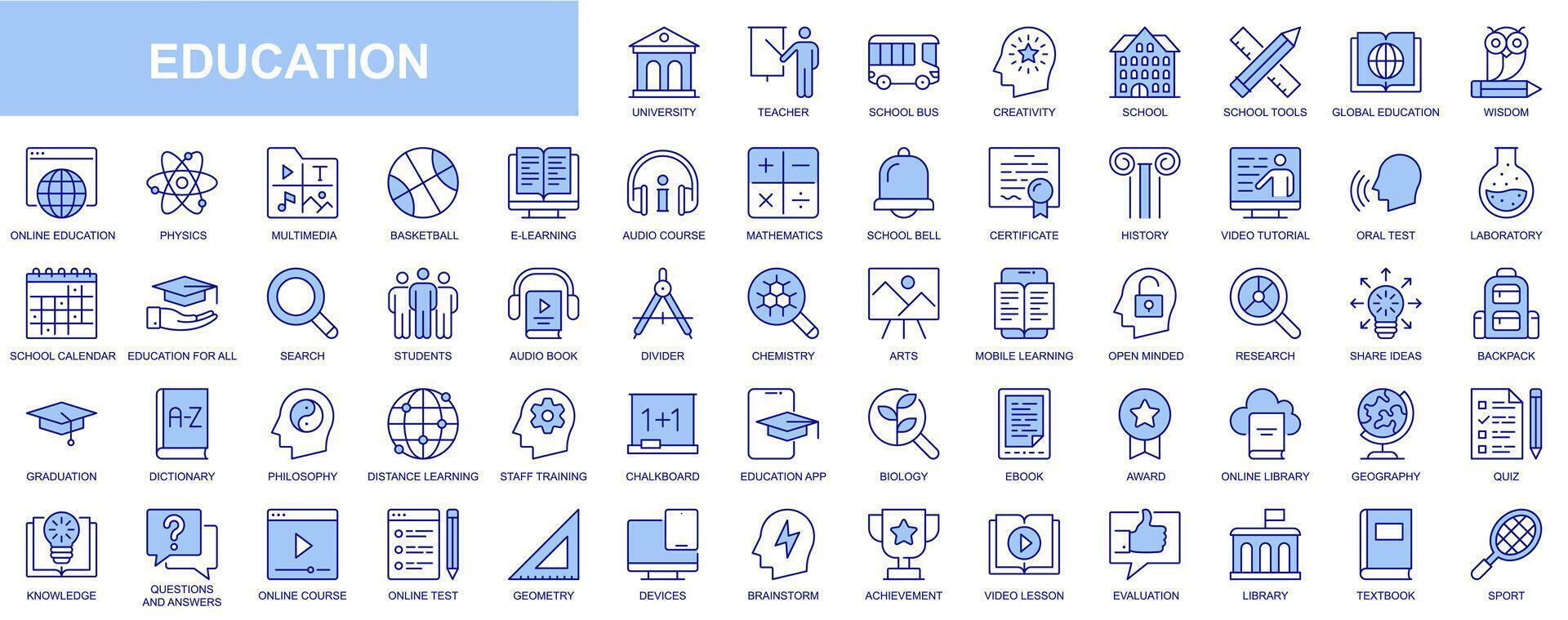 Education web icons set in blue line design. Pack of teacher, school, creativity, wisdom, online library, e-learning, audio course, certificate, video tutorial, other. Vector outline stroke pictograms