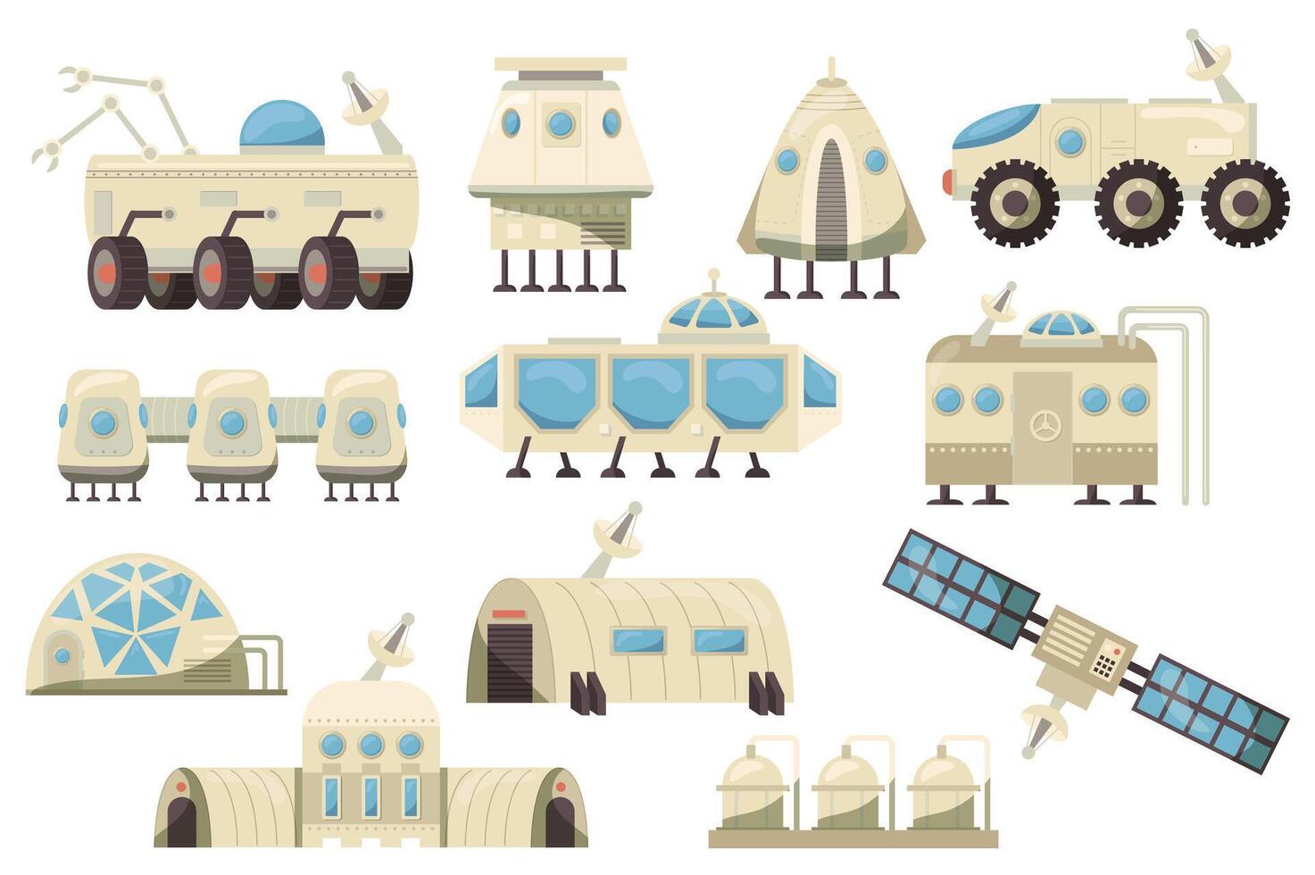 Mars colonization mega set in flat design. Bundle elements of machinery, rovers, satellites and robots equipment for space exploration mission station. Vector illustration isolated graphic objects