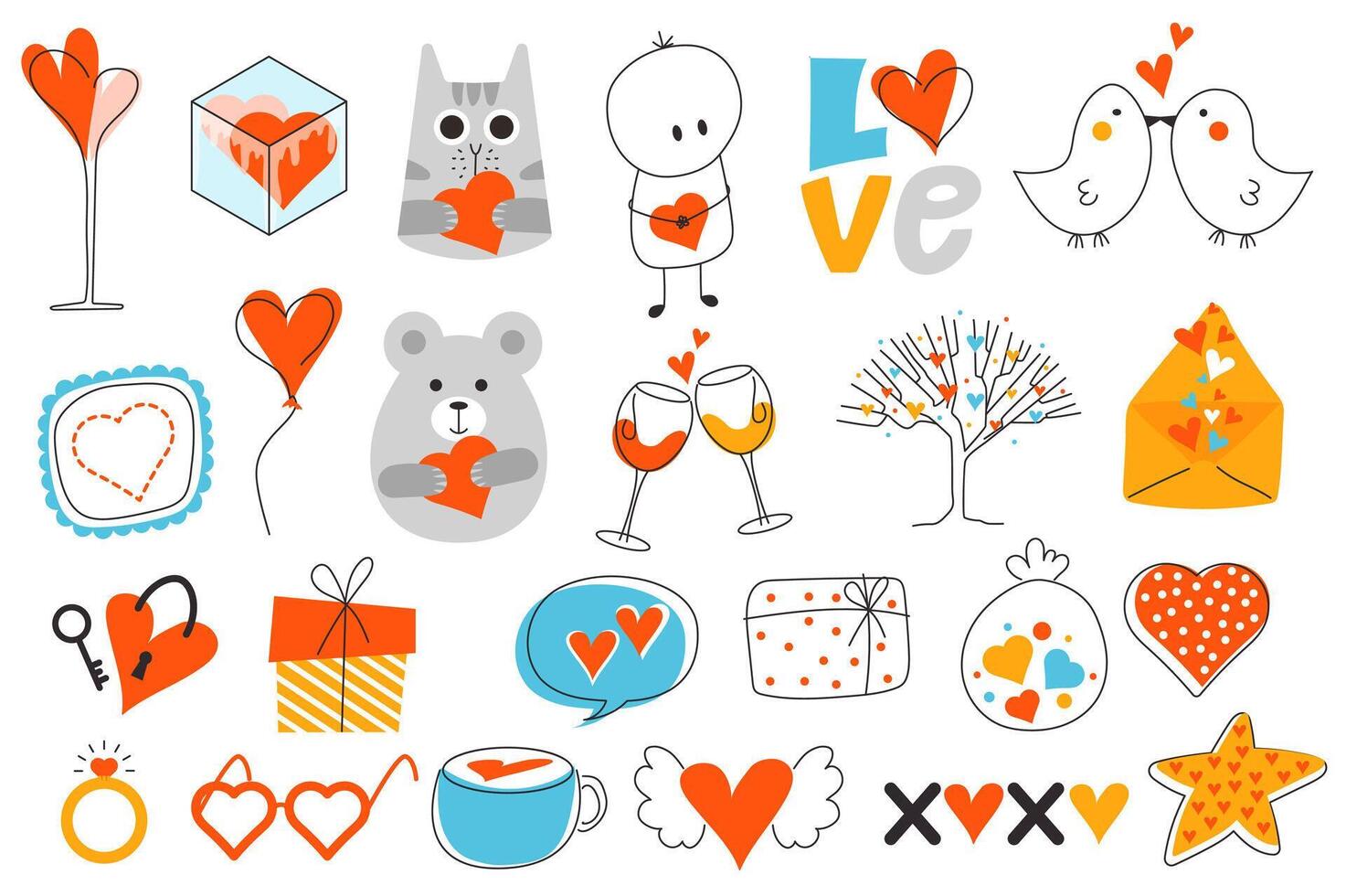 Valentine Day mega set in flat design. Bundle elements of heart couple, cute cat and bear, kiss birds, balloons, champagne in glasses, love letter, other. Vector illustration isolated graphic objects