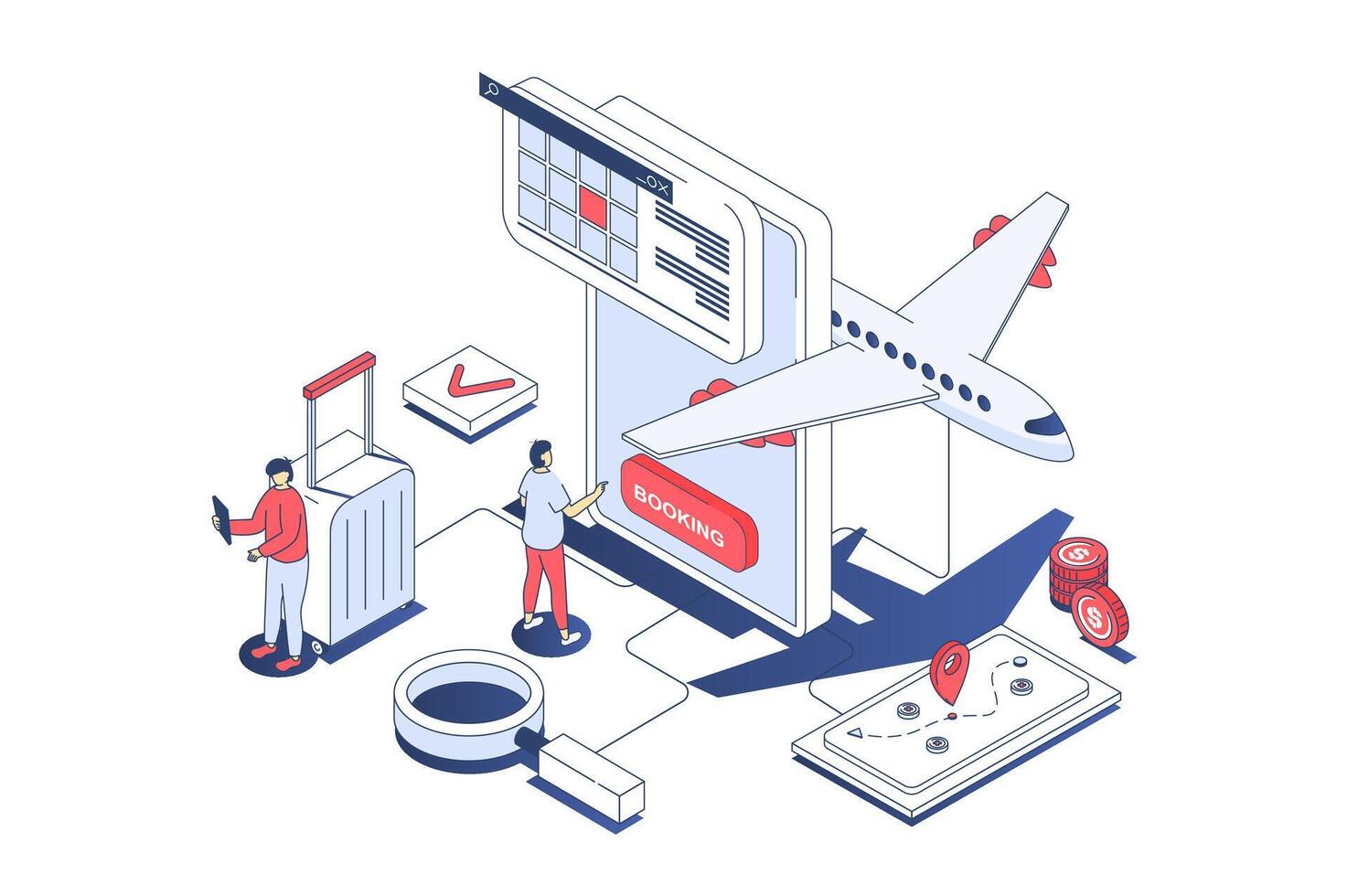 Booking flight concept in 3d isometric design. Travellers planning trips, choosing tour destination, ordering and buying plane tickets. Vector illustration with isometry people scene for web graphic