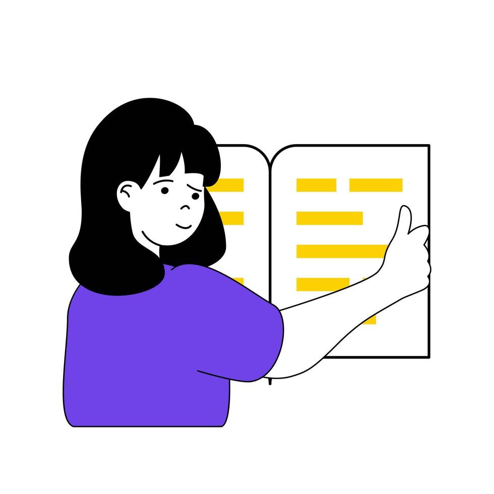 Book reading concept with cartoon people in flat design for web. Woman holds open book, researches text document, learns with textbook. Vector illustration for social media banner, marketing material.