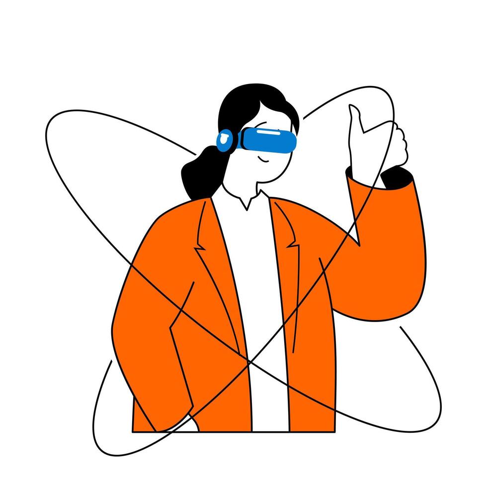 Virtual reality concept with cartoon people in flat design for web. Woman in VR headset interacting with 360 degrees rotate around. Vector illustration for social media banner, marketing material.