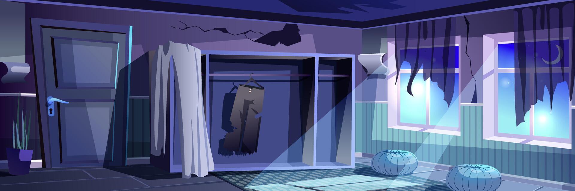 Abandoned dark room background banner in flat cartoon design. Night apartment interior poster with moonlight windows, curtain scraps, hole and cracks on dirty wall, old wardrobe. Vector illustration