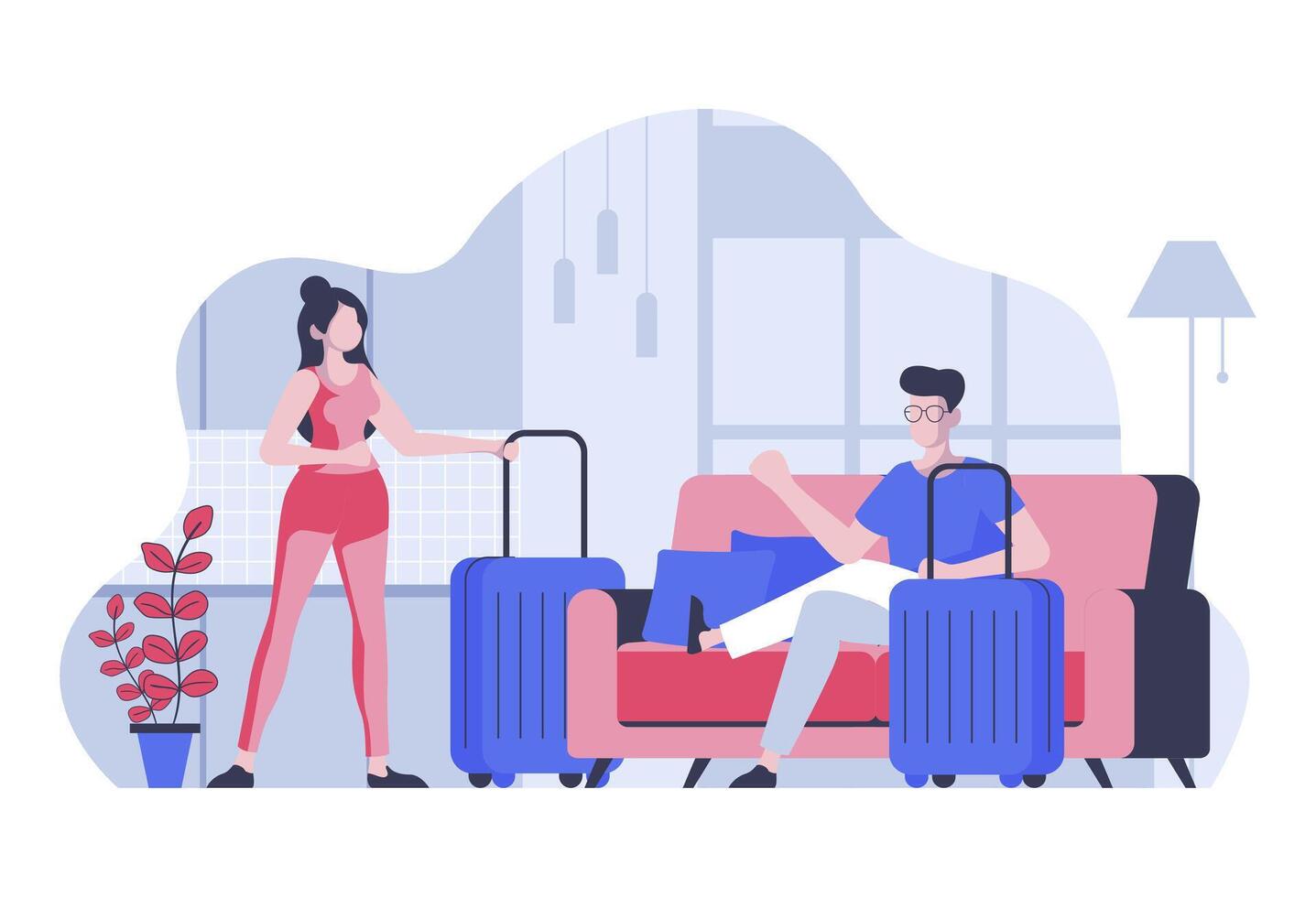 viaje vacaciones concepto con dibujos animados personas en plano diseño para web. mujer y hombre con maletas equipaje preparando para verano viaje. vector ilustración para social medios de comunicación bandera, márketing material.