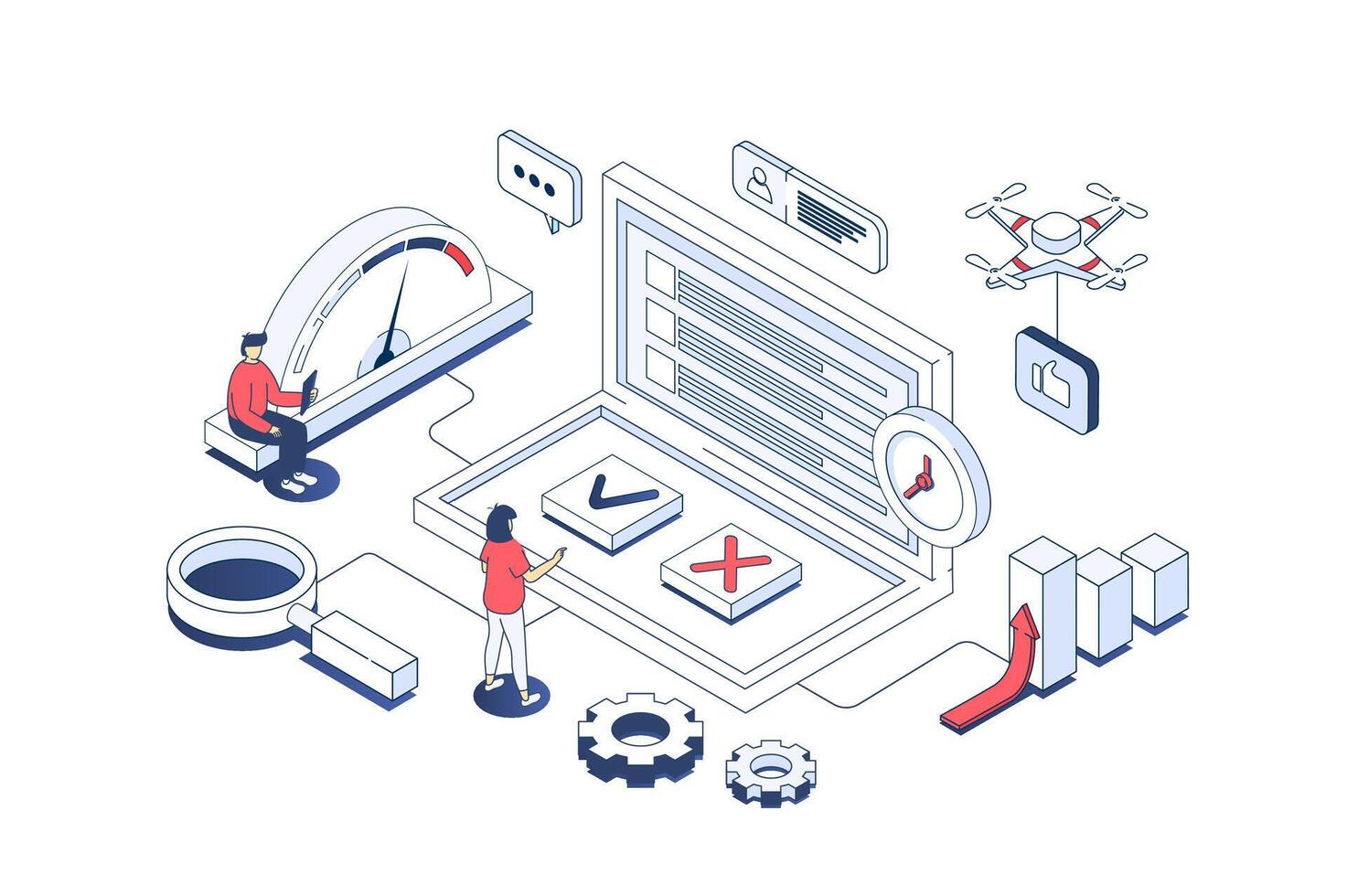 Internet encuesta concepto en 3d isométrica diseño. los usuarios respondiendo en caja lista, dando cliente realimentación en en línea cuestionario forma. vector ilustración con isometria personas escena para web gráfico