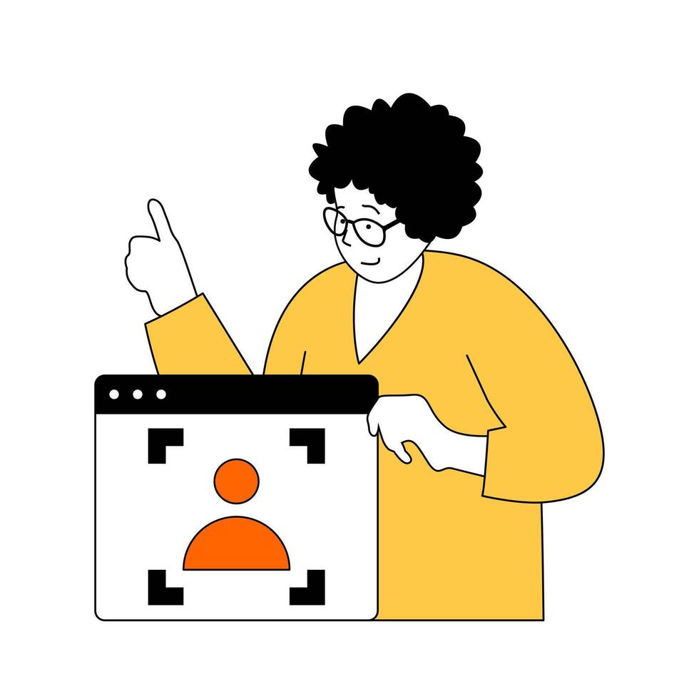 Virtual reality concept with cartoon people in flat design for web. Woman uses security access with scan camera for human identity. Vector illustration for social media banner, marketing material.
