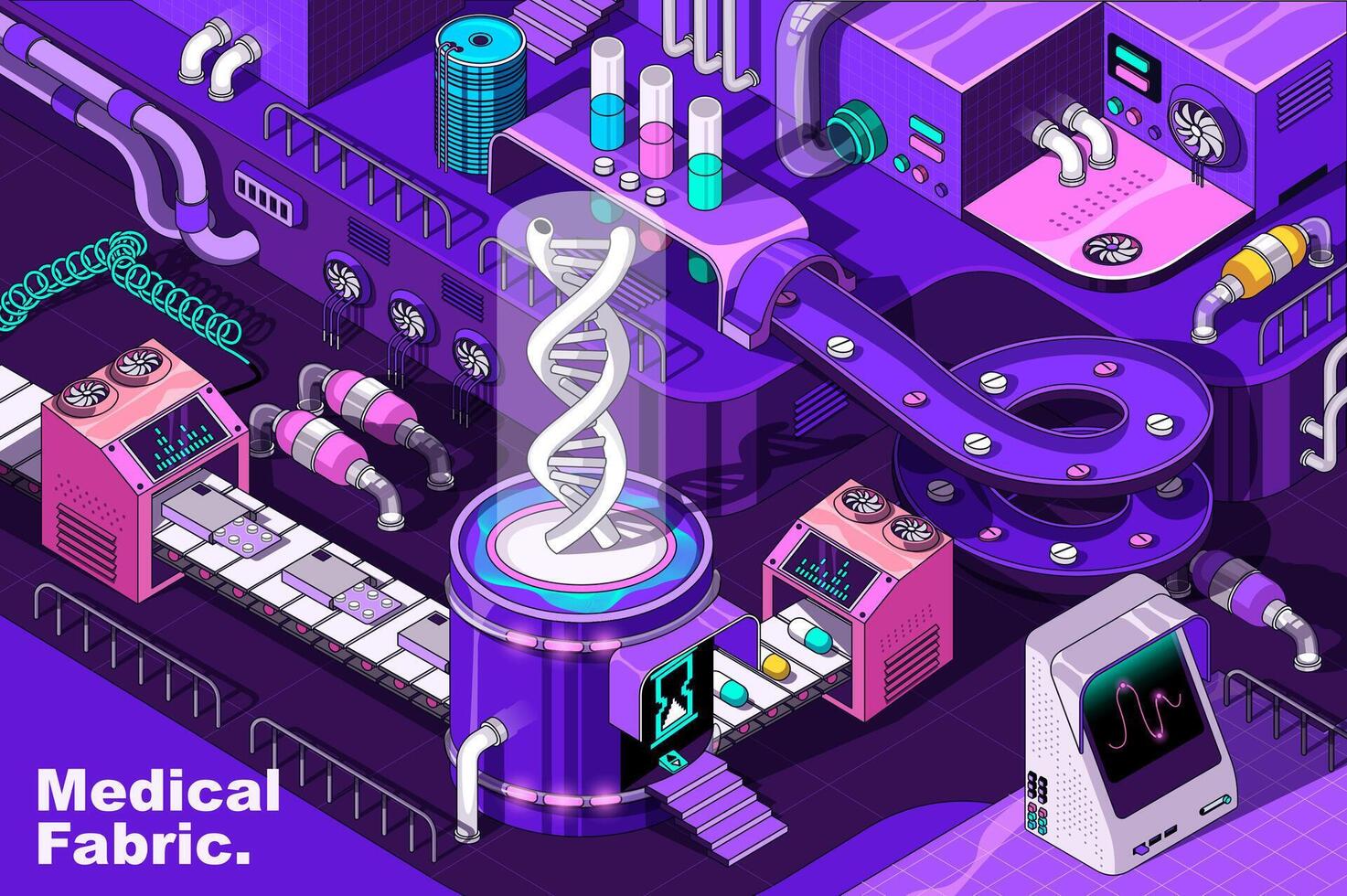 Medical laboratory web concept in 3d isometric design. Medicine system, genetic research, pharmacy. Abstract fabric production line in isometry graphic for corporate poster. Vector illustration.