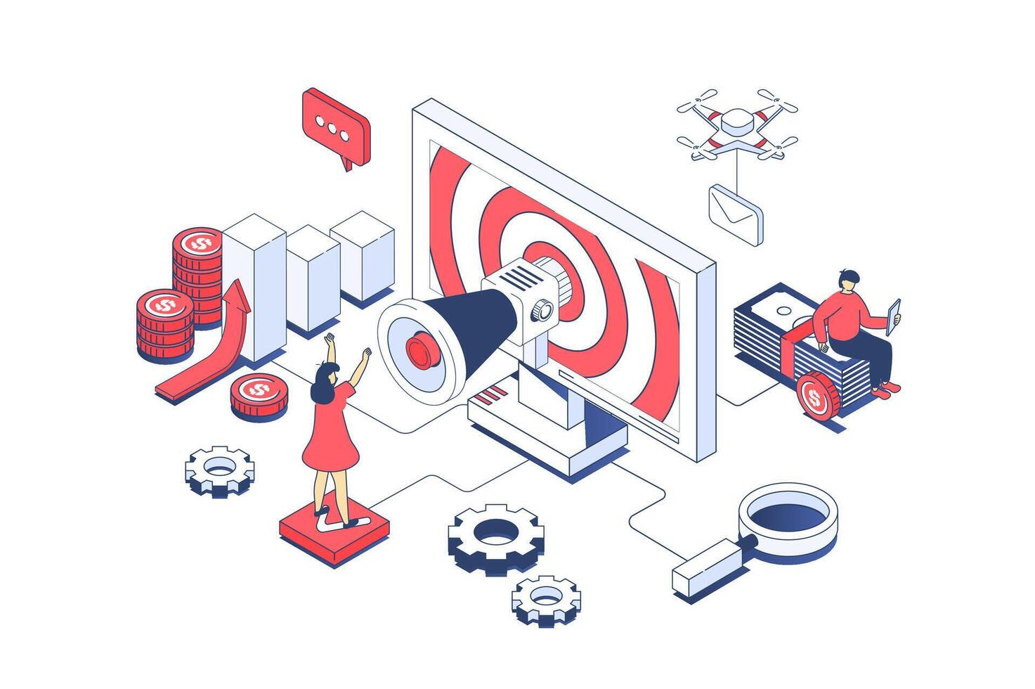 Social media marketing concept in 3d isometric design. Man making online promotion and attracting new clients for making purchases. Vector illustration with isometry people scene for web graphic