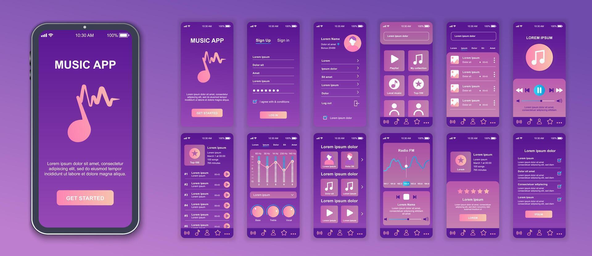 Music mobile app interface screens template set. Account login, settings, song collection, playlists, player and equalizer, radio. Pack of UI, UX, GUI kit for application web layout. Vector design.