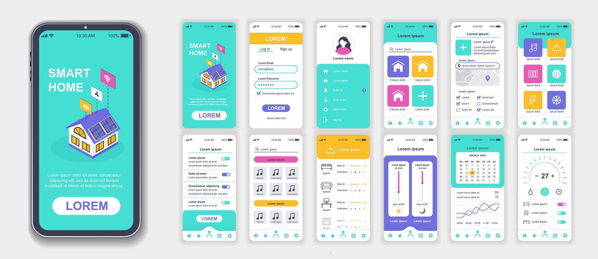 Smart home mobile app interface screens template set. Account login, automation management, appliance monitoring, security system. Pack of UI, UX, GUI kit for application web layout. Vector design.