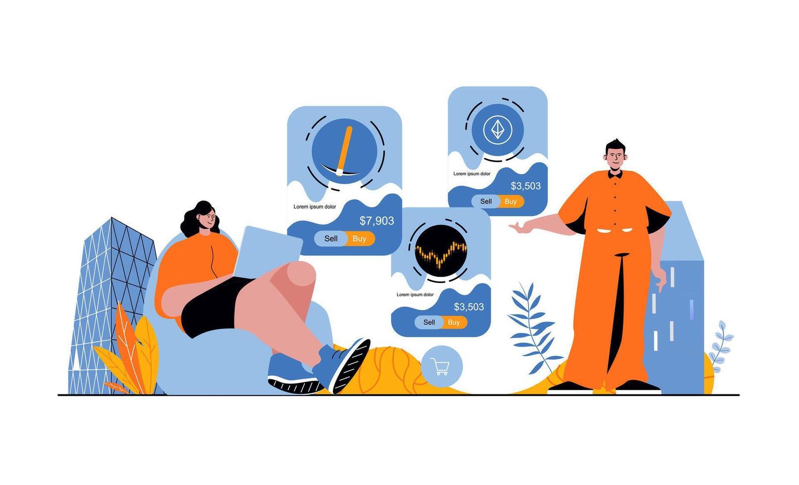 Cryptocurrency marketplace web concept with people in flat cartoon design. Woman and man earning money at platform, trading coins. Vector illustration for social media banner, marketing material.