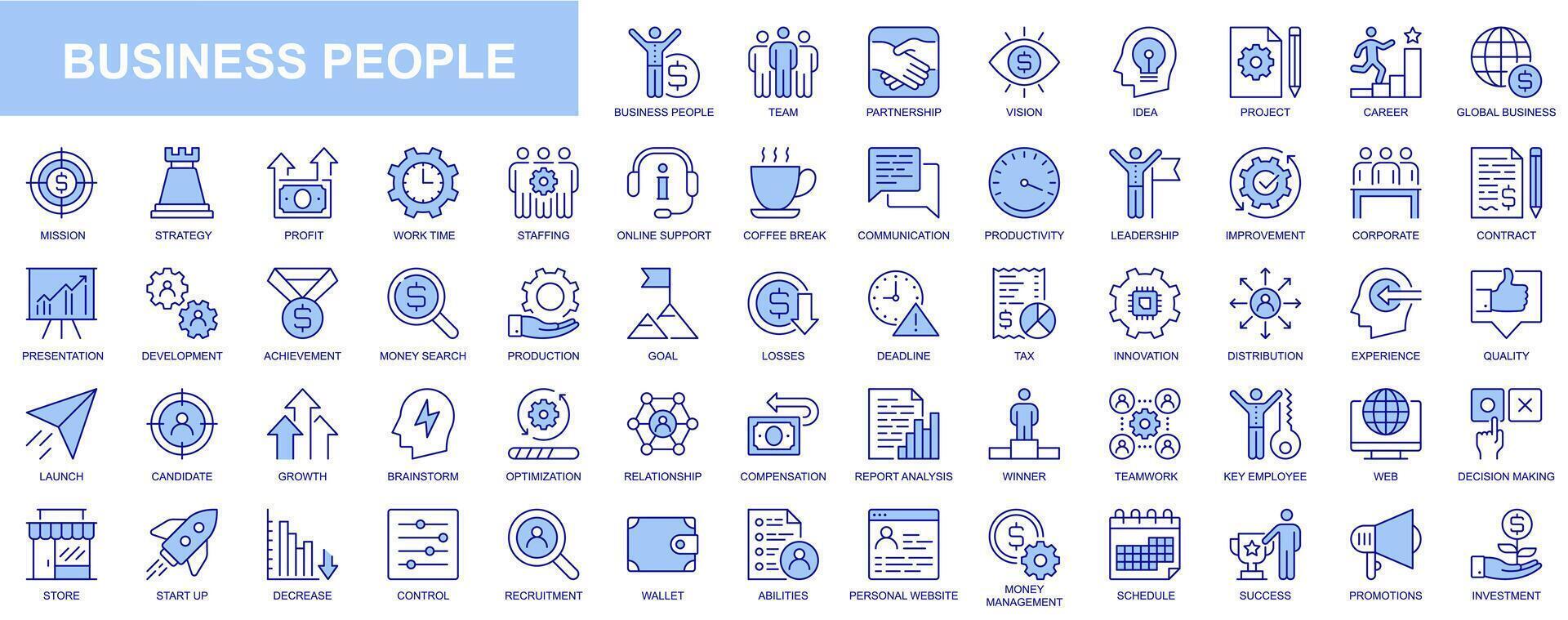 Business people web icons set in blue line design. Pack of team, partnership, vision, idea, project, career, mission, report, profit, work time, online support, other. Vector outline stroke pictograms