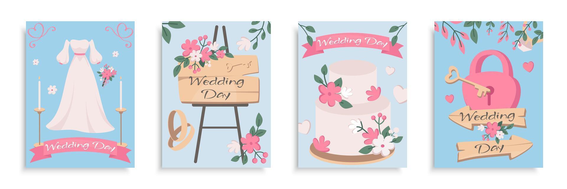 Wedding cover brochure set in flat design. Poster templates with white bride dress, candles, bouquet, pink flowers, wooden signs, rings, festive cake, heart padlock with key. Vector illustration.