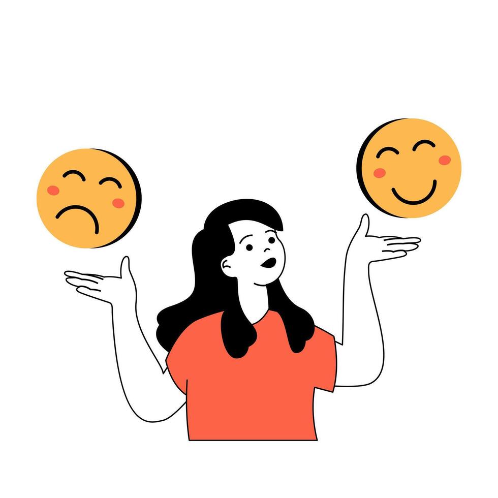 Mental health concept with cartoon people in flat design for web. Woman choosing between sad and happy emoticon masks expressions. Vector illustration for social media banner, marketing material.