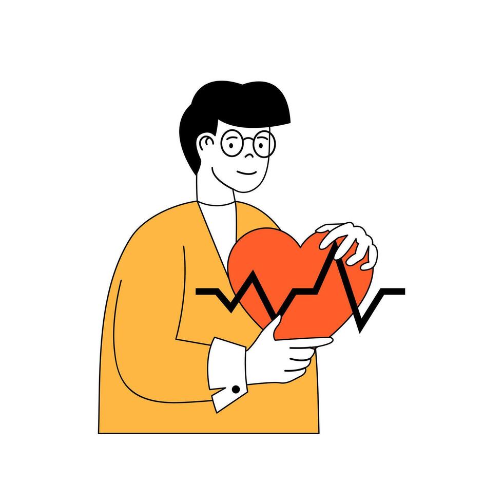 Fitness concept with cartoon people in flat design for web. Man takes care about heart health, controlling pulse during trainings. Vector illustration for social media banner, marketing material.