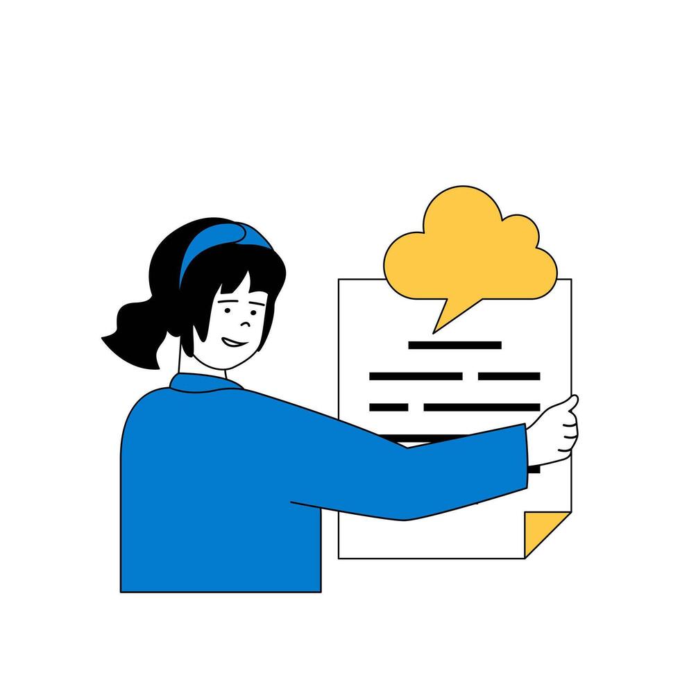 Cloud computing concept with cartoon people in flat design for web. Woman sharing document to client using cloud storage technology. Vector illustration for social media banner, marketing material.