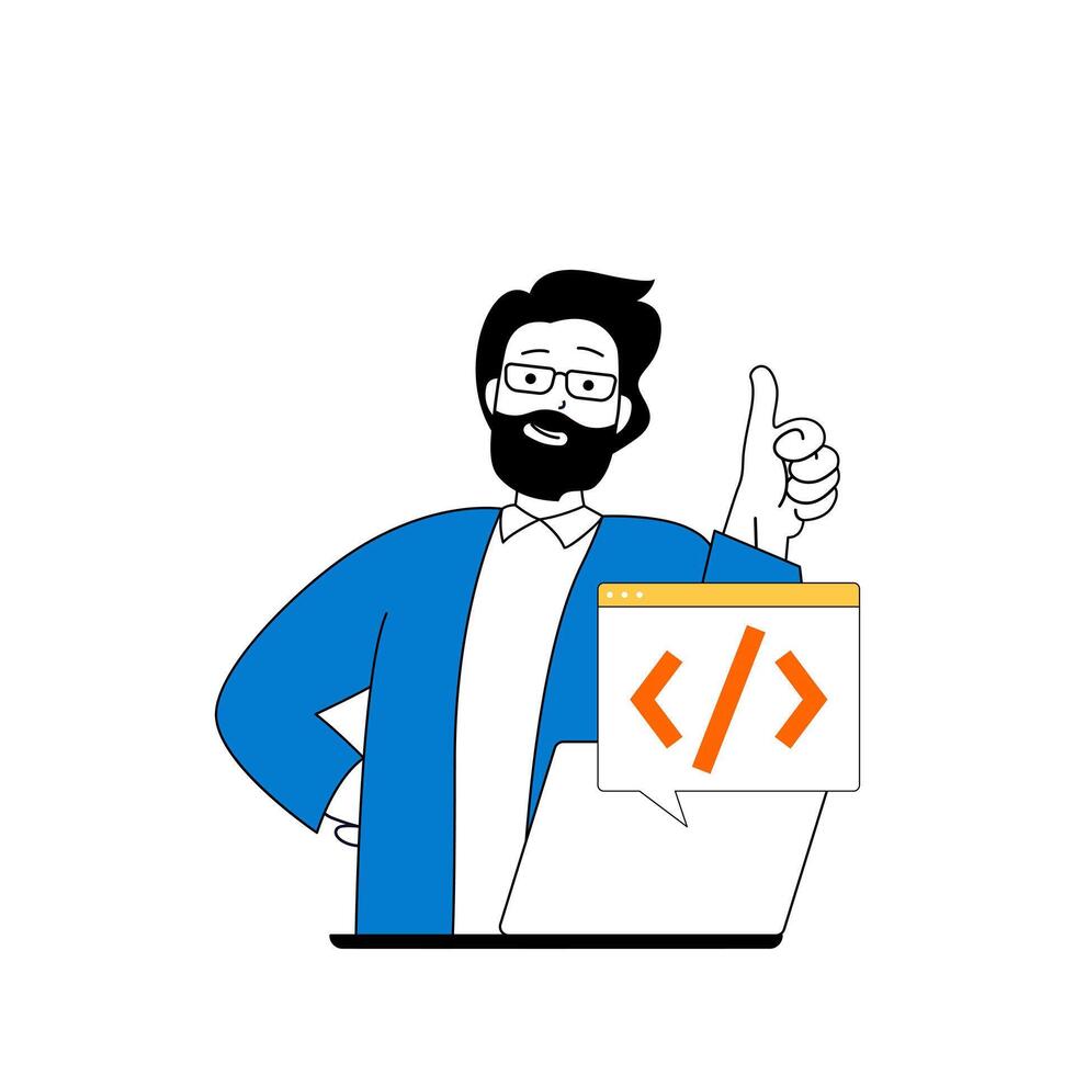 Cloud computing concept with cartoon people in flat design for web. Man working as programmer and using online processing data tech. Vector illustration for social media banner, marketing material.