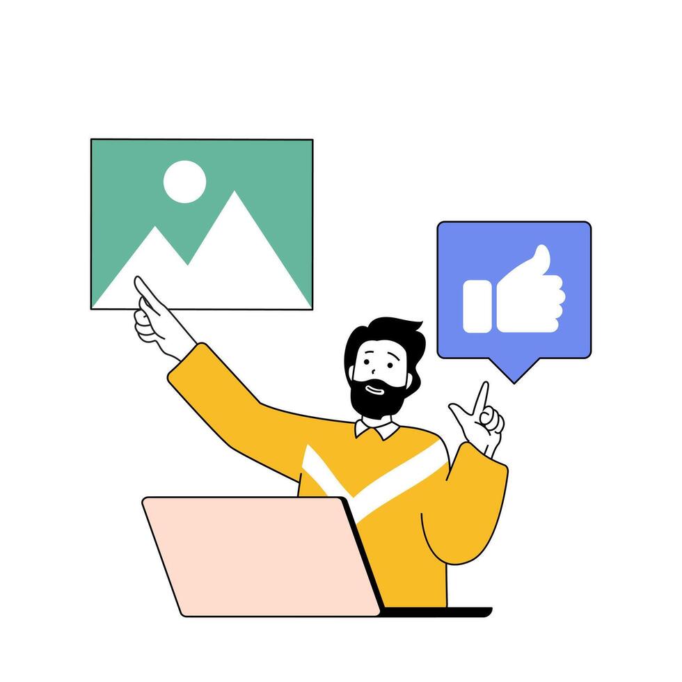 Social network concept with cartoon people in flat design for web. Man posting new photos or images and getting likes feedback. Vector illustration for social media banner, marketing material.