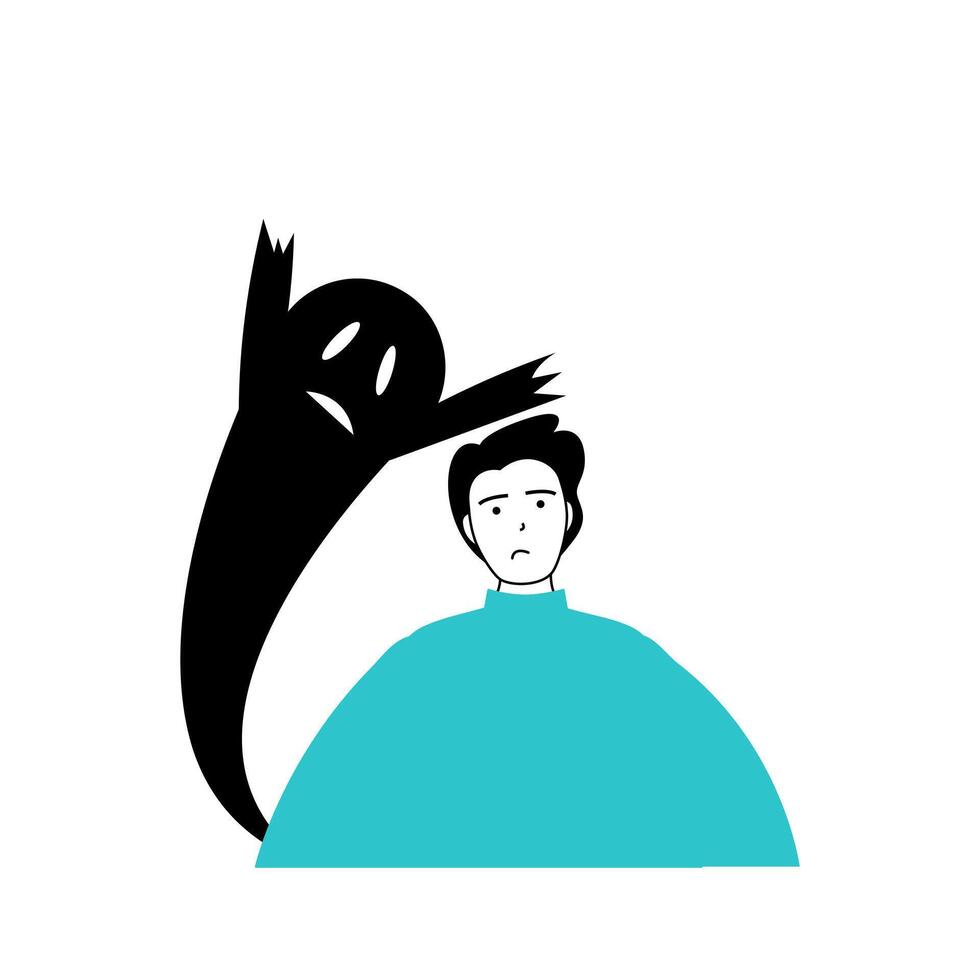 Mental health concept with cartoon people in flat design for web. Man has phobia or panic attack, suffering from anxious and anxiety. Vector illustration for social media banner, marketing material.