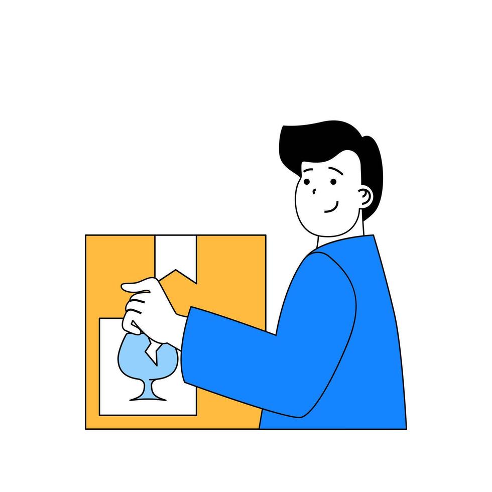 Delivery concept with cartoon people in flat design for web. Man sending parcel package with fragile sign and postal information. Vector illustration for social media banner, marketing material.
