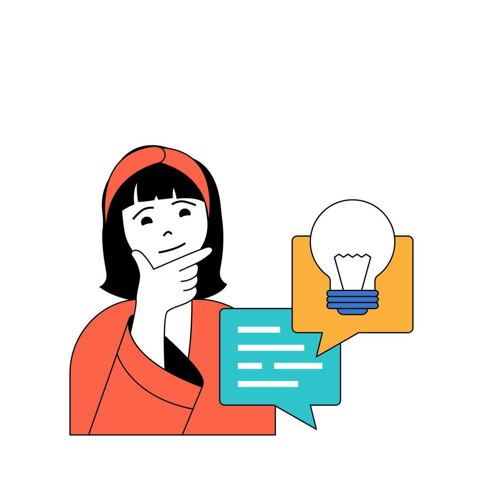 Social media concept with cartoon people in flat design for web. Woman searching inspiration online and communicating with users. Vector illustration for social media banner, marketing material.