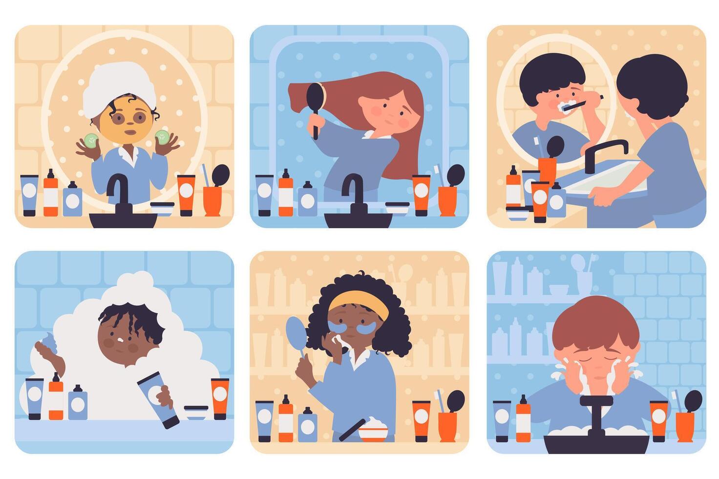 Personal care concept with people situation set in flat web design. Bundle scenes with multiethnic diverse characters doing beauty treatments or hygiene routine in bathroom. Vector illustrations.