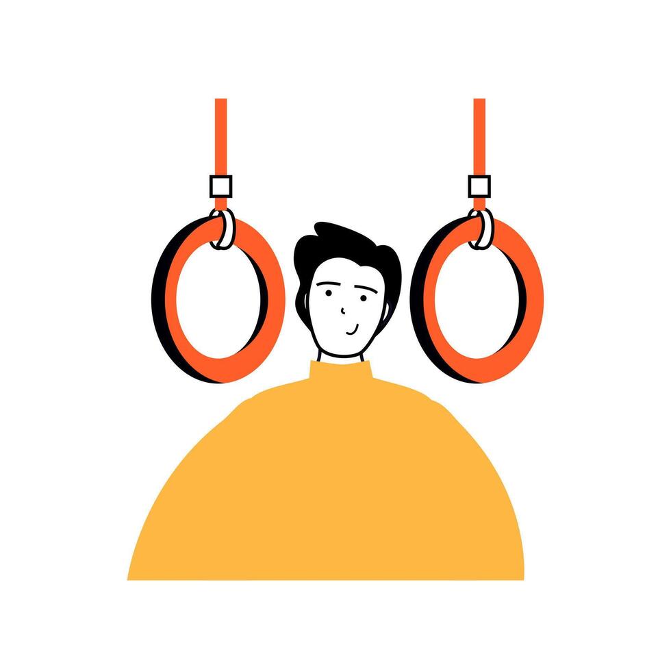 Fitness concept with cartoon people in flat design for web. Man training with gymnastic rings, exercising for competition performance. Vector illustration for social media banner, marketing material.