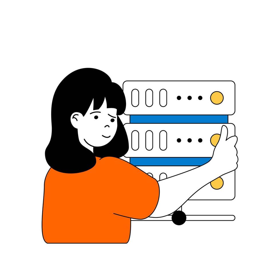 Cloud computing concept with cartoon people in flat design for web. Woman working as tech engineer at database center server racks. Vector illustration for social media banner, marketing material.