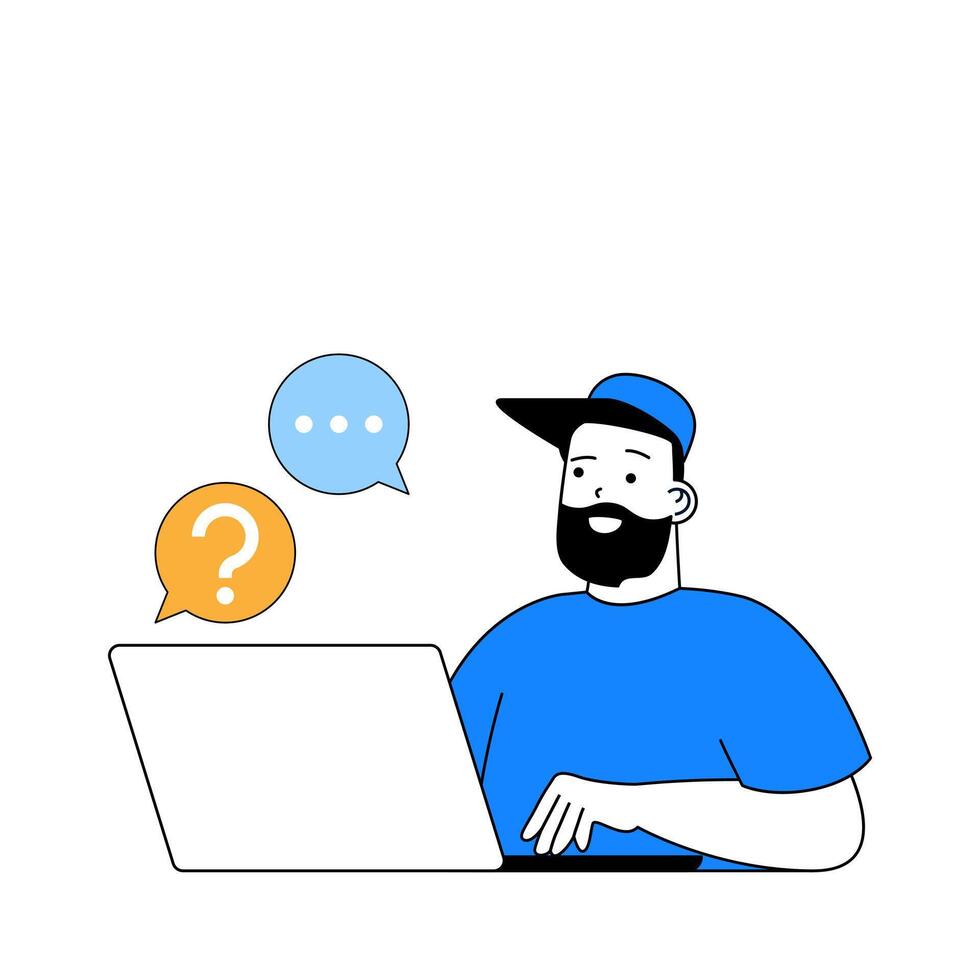 Delivery concept with cartoon people in flat design for web. Man works in client support of logistics company, answering client chat. Vector illustration for social media banner, marketing material.