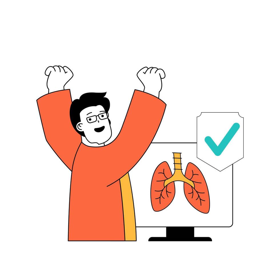 Coronavirus concept with cartoon people in flat design for web. Man checks lungs with x-ray and recovery after virus infection ill. Vector illustration for social media banner, marketing material.