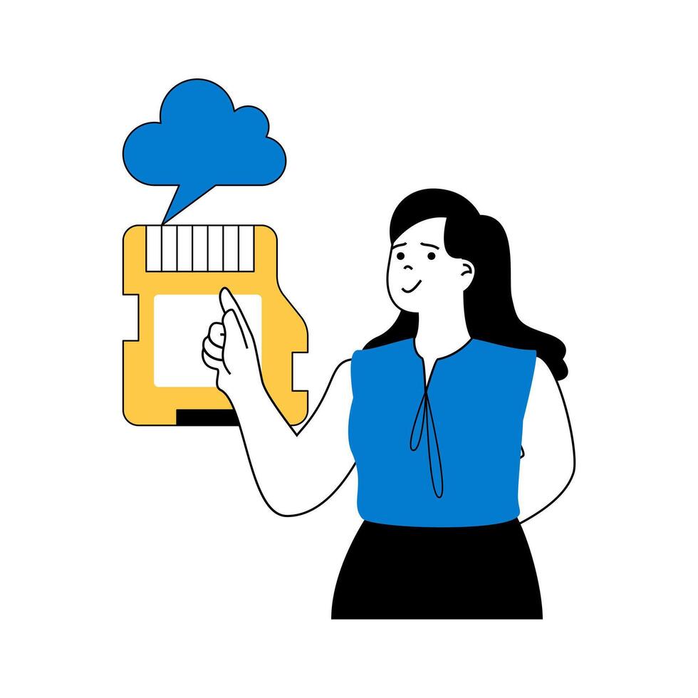 Cloud computing concept with cartoon people in flat design for web. Woman using cloud storage and uploading files from flash drive. Vector illustration for social media banner, marketing material.