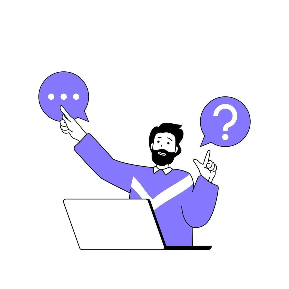 Teamwork concept with cartoon people in flat design for web. Man with questions connecting with colleagues and brainstorming online. Vector illustration for social media banner, marketing material.