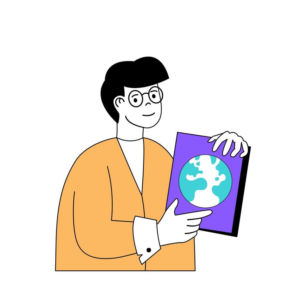 Education concept with cartoon people in flat design for web. Student learning geography and reading textbook, preparing for lesson. Vector illustration for social media banner, marketing material.